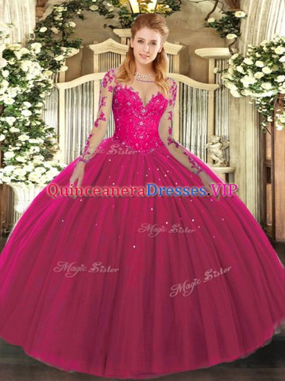 Smart Floor Length Ball Gowns Long Sleeves Hot Pink Sweet 16 Dresses Lace Up - Click Image to Close