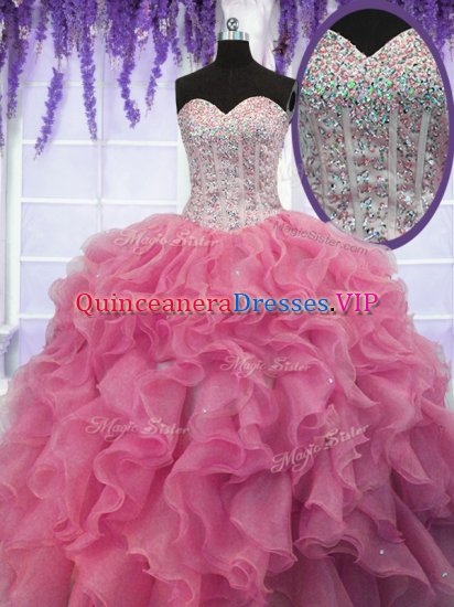 Perfect Sequins Rose Pink Sleeveless Organza Lace Up Sweet 16 Dress for Military Ball and Sweet 16 and Quinceanera - Click Image to Close