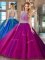 Artistic Backless Scoop Sleeveless Sweet 16 Dress Floor Length Beading Fuchsia Tulle