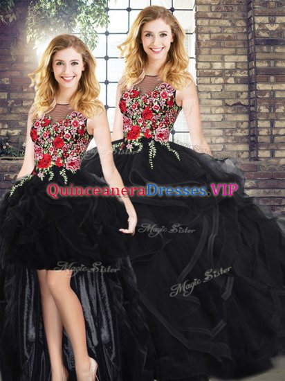 Scoop Sleeveless Zipper Embroidery and Ruffles Sweet 16 Dress in Black - Click Image to Close