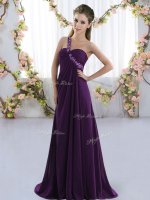 Purple One Shoulder Lace Up Beading Dama Dress for Quinceanera Brush Train Sleeveless