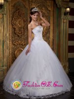 Newbury Berkshire Cheap White Quinceanera Dress With Strapless Neckline Embroidey and Lace Decorate