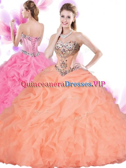 Captivating Orange Red Quince Ball Gowns Military Ball and Sweet 16 and Quinceanera with Beading and Ruffles Sweetheart Sleeveless Lace Up - Click Image to Close
