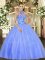 Sleeveless Tulle Floor Length Lace Up Quinceanera Dress in Blue with Embroidery