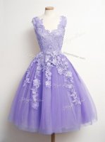 Knee Length Lavender Quinceanera Court of Honor Dress Tulle Sleeveless Appliques