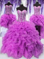 Admirable Four Piece Sleeveless Floor Length Ruffles and Sequins Lace Up 15th Birthday Dress with Fuchsia