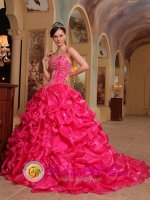 Eccles Greater Manchester Lovely Spaghetti Straps Hot Pink Embroidery Decorate Bodice Sweet Fifteen Dress With Pick-ups Ball Gown