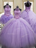High End Three Piece Halter Top Lavender Sleeveless Sequins Lace Up Quince Ball Gowns(SKU PSSW0577KC003BIZ)