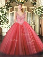 Latest Coral Red Tulle Lace Up Quinceanera Dresses Sleeveless Floor Length Beading