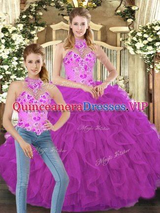 Super Sleeveless Embroidery and Ruffles Lace Up Ball Gown Prom Dress