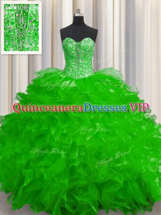Great See Through Organza Lace Up Sweetheart Sleeveless Floor Length 15 Quinceanera Dress Beading and Ruffles
