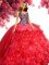 Fancy Red Ball Gowns Organza Sweetheart Sleeveless Beading and Ruffles Floor Length Lace Up Quince Ball Gowns