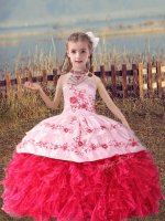 Attractive Coral Red Lace Up Halter Top Beading and Embroidery and Ruffles Little Girl Pageant Gowns Organza Sleeveless(SKU XBLD025-10BIZ)