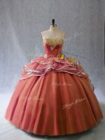 Rust Red Sleeveless Brush Train Appliques and Ruffles Quince Ball Gowns