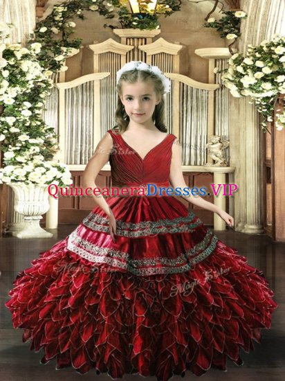 Red Backless V-neck Beading and Appliques and Ruffles Girls Pageant Dresses Sleeveless - Click Image to Close