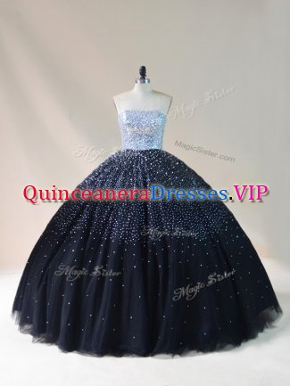 Discount Black Sleeveless Floor Length Beading Lace Up Quince Ball Gowns