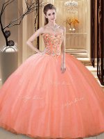 Ball Gowns 15 Quinceanera Dress Peach Sweetheart Tulle Sleeveless Floor Length Lace Up