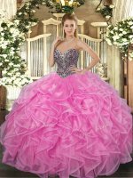 Floor Length Rose Pink Quinceanera Dress Organza Sleeveless Beading and Ruffles