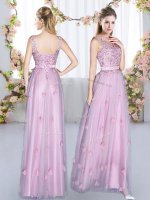 Comfortable Lavender V-neck Neckline Beading and Appliques Quinceanera Court of Honor Dress Sleeveless Lace Up