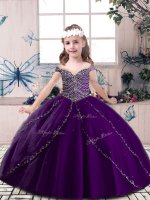 Fashionable Floor Length Lace Up Little Girl Pageant Gowns Eggplant Purple for Party and Sweet 16 and Wedding Party with Beading(SKU PAG1195-6BIZ)