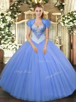 Discount Baby Blue Tulle Lace Up Sweet 16 Quinceanera Dress Sleeveless Floor Length Beading