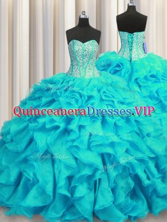 Excellent Visible Boning Sleeveless Brush Train Beading and Ruffles Lace Up Sweet 16 Quinceanera Dress