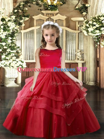 Floor Length Ball Gowns Sleeveless Red Girls Pageant Dresses Lace Up - Click Image to Close