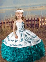 Customized Teal Organza Lace Up Straps Sleeveless Floor Length Pageant Dress Embroidery and Ruffles