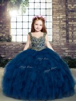 Beading and Ruffles Kids Pageant Dress Navy Blue Lace Up Sleeveless Floor Length