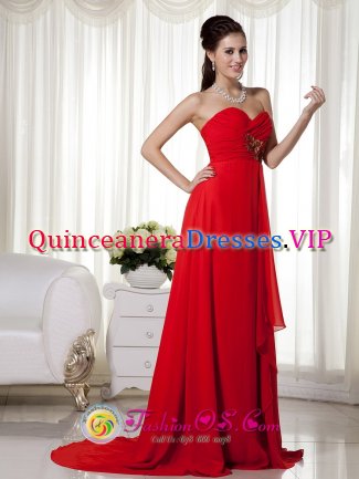 Fashionable Red Empire Sweetheart Brush Train Chiffon Appliques and Ruch Quinceanera Dama Dress in Lake Wales FL
