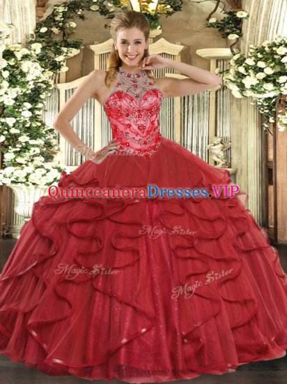 Floor Length Coral Red Quinceanera Dresses Organza Sleeveless Beading and Ruffles - Click Image to Close