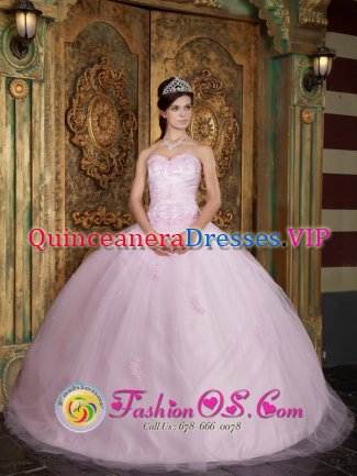Tenerife Spain Baby Pink Pretty Sweetheart Ball Gown Quinceanera Dress With Appliques Decorate