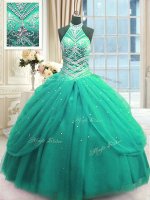 Turquoise Quinceanera Gown Military Ball and Sweet 16 and Quinceanera with Beading High-neck Sleeveless Lace Up(SKU PSSW0372-4BIZ)