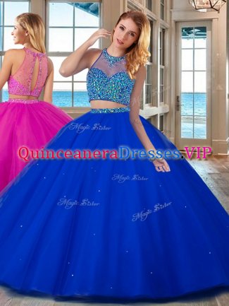 Wonderful Royal Blue Tulle Lace Up Quinceanera Gown Sleeveless Floor Length Beading