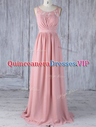 Pink Sleeveless Chiffon Criss Cross Damas Dress for Prom and Party and Wedding Party