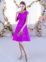 Beautiful Fuchsia Lace Up Quinceanera Court of Honor Dress Lace Cap Sleeves Mini Length(SKU BMT0391-10BIZ)