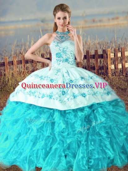 Halter Top Sleeveless Court Train Lace Up Ball Gown Prom Dress Aqua Blue Organza - Click Image to Close