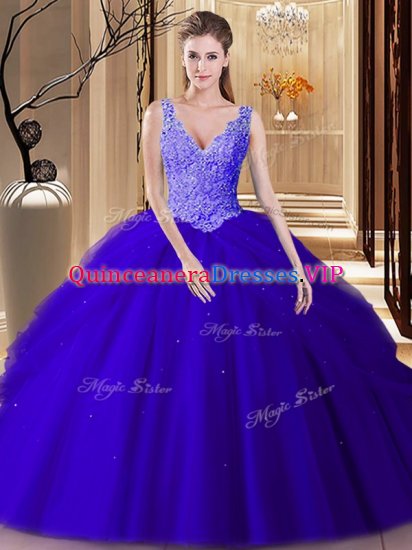 Royal Blue Quinceanera Gowns Military Ball and Sweet 16 and Quinceanera with Lace and Appliques and Pick Ups V-neck Sleeveless Backless - Click Image to Close