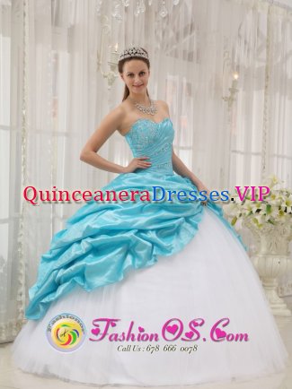 Yerres France Perfect Blue and White Taffeta and Tulle For Affordable Quinceanera Dress Beading