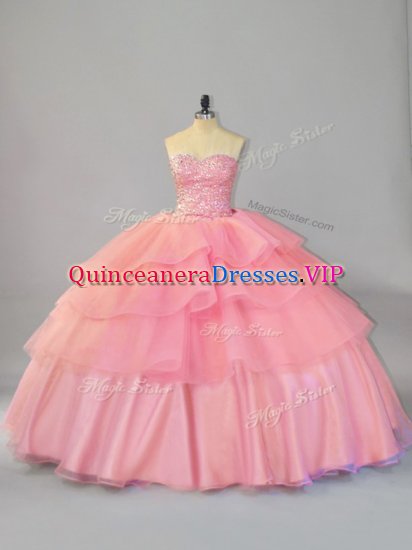 Watermelon Red Lace Up Quinceanera Dress Beading and Ruffles Sleeveless Brush Train - Click Image to Close