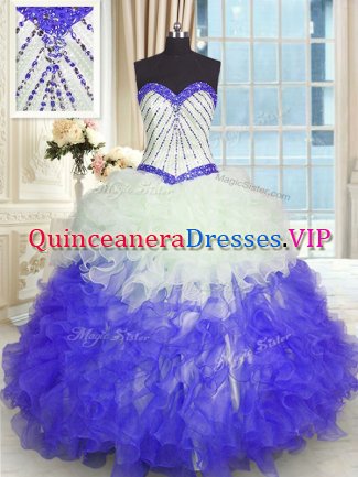 Organza Sweetheart Sleeveless Lace Up Beading and Ruffles Quinceanera Dress in Blue And White