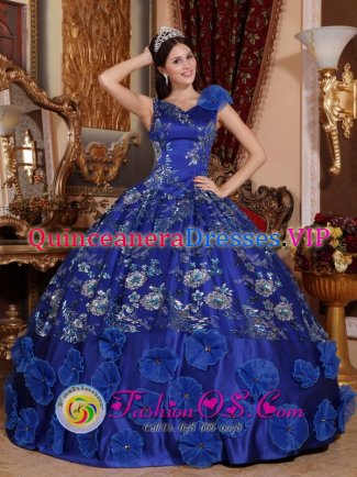 Hockessin Delaware/ DE V-neck Satin Refined Appliques Decorate Exquisite Blue Quinceanera Dresses