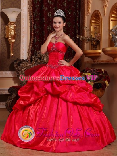 Wigton Cumbria Stylish Red Appliques Decorate Bust Quinceanera Dress With Taffeta Beading And Ruffles - Click Image to Close