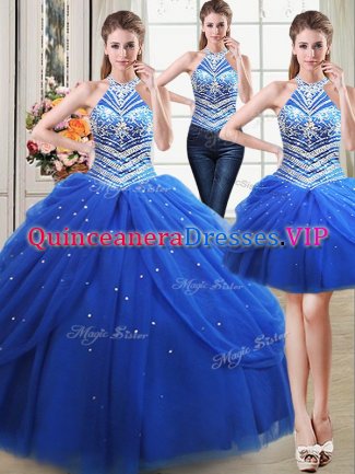 Sweet Three Piece Halter Top Royal Blue Tulle Lace Up Vestidos de Quinceanera Sleeveless Floor Length Beading and Pick Ups