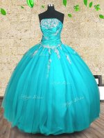Strapless Sleeveless 15th Birthday Dress Floor Length Appliques and Ruching Aqua Blue Tulle