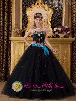 Esperanza Dominican Republic Black and Aqua Strapless Elegant Quinceanera Dress With Appliques Decorate and Bow Band with Tulle Skirt(SKU QDZY113y-3BIZ)
