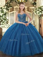 Spectacular Sleeveless Tulle Floor Length Lace Up Quinceanera Gown in Teal with Beading