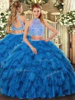 Sleeveless Floor Length Beading and Ruffles Criss Cross Sweet 16 Dresses with Blue