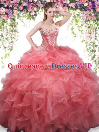 Delicate Coral Red Organza Lace Up Sweetheart Sleeveless Floor Length Ball Gown Prom Dress Beading and Ruffles