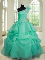 Low Price One Shoulder Sleeveless Floor Length Beading and Hand Made Flower Lace Up Quinceanera Dresses with Turquoise
